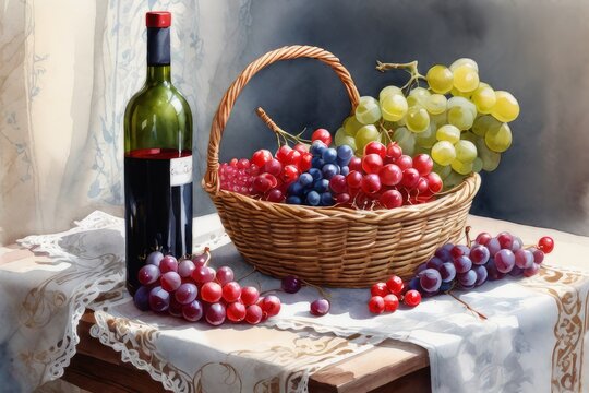 BCesto com uvas frescas e garrafa de vinho sobre a mesa.