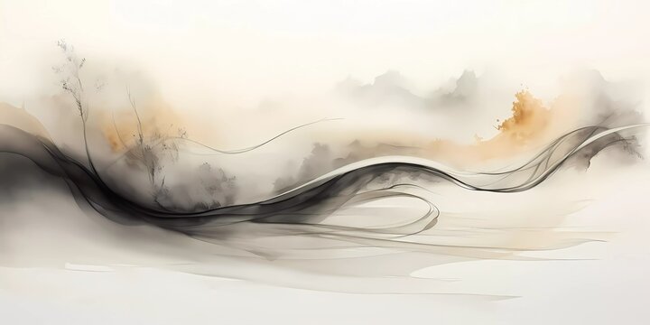 Abstract art drawing by asian style. Beige colors landscape, ink drawing.