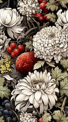 Fototapeta premium black and white line drawing symmetrial pattern with flowers wallpaper background created with Generative Ai