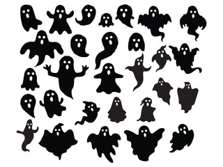 Monochrome ghost apparition spook horror set. Ghost shadow funny. ghost sheet for halloween character design. Isolated vector illustration.