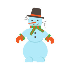 Snowman in a hat and with a scarf, highlighted on a white background, in a cartoon style. Vector illustration