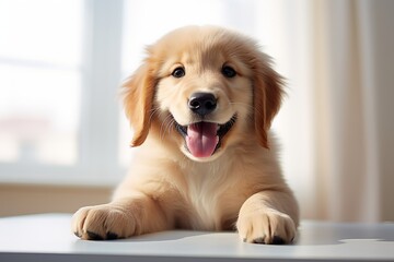 Cute Golden Retriever Cub sitting on the kitchen table smiling at the camera