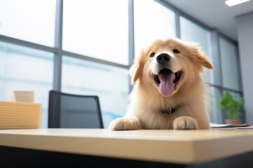 Cute Golden Retriever Cub sitting on the kitchen table smiling at the camera