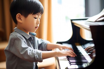 Asian boy earnestly learns to play scales on piano from music notebook on piano. Small Asian student learns to play piano to develop fully in music school. Developing musical hearing in Asian child - obrazy, fototapety, plakaty