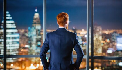 Back view of businessman in suit standing at office looking at night city through panoramic window - obrazy, fototapety, plakaty