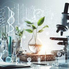 Biology laboratory nature and science, plant and environmental study, DNA. ai generative