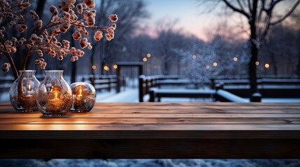 Winter xmas background with empty space on table top in front. Christmas horizontal blank scene. Wooden table top in front, blurred ?hristmas tree in the snow. Snowy scene