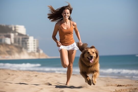 Young woman with long hair in summer clothes runs with dog on sand beach of clear clean sea under sun. Brunette enjoys run with big doggy along seashore on summer good sunny day. Spending vacation