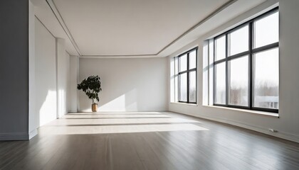 Obraz premium Empty modern room with white walls and big windows, minimalist interior design in luxury apartment, clean and contemporary space