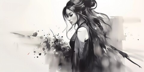 Abstract art drawing by asian style. Black and white illustration of beautiful woman, ink drawing.