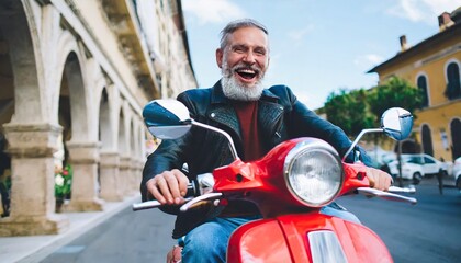 Excited senior man riding red scooter in Italy, cheerful retired bearded hipster enjoying holiday, motorcycle road trip, trendy vacation lifestyle