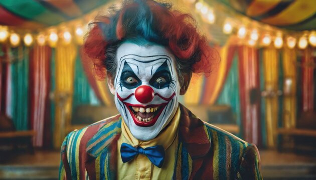 Evil clown face. Portrait of scary spooky clown monster from horror movie with vintage circus on background