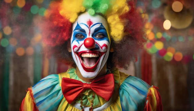 Evil clown face. Portrait of scary spooky clown monster from horror movie with vintage circus on background