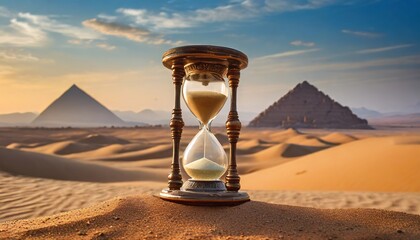 Hourglass in desert: a vintage relic capturing the essence of time's passage in a desolate landscape - obrazy, fototapety, plakaty