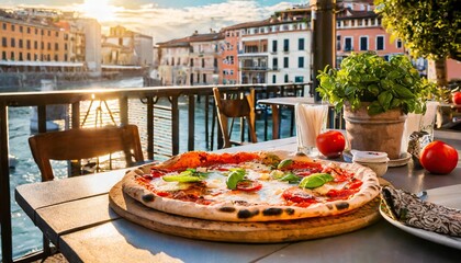 talian pizzeria terrace in sunshine with pizza on table, dreamy watercolor artwork of day cafe in Italy
