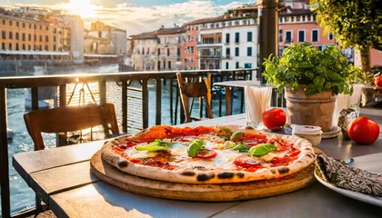 Fototapeten talian pizzeria terrace in sunshine with pizza on table, dreamy watercolor artwork of day cafe in Italy © Marko