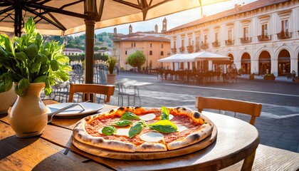 talian pizzeria terrace in sunshine with pizza on table, dreamy watercolor artwork of day cafe in Italy - obrazy, fototapety, plakaty