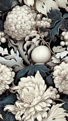 black and white line drawing symmetrial pattern with flowers  wallpaper background created with Generative Ai