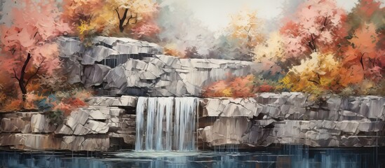 Fototapeta premium The abstract pattern on the textured wall depicts a mesmerizing waterfall blending seamlessly into the European landscape surrounded by stunning rocks and a tranquil water feature all set ag