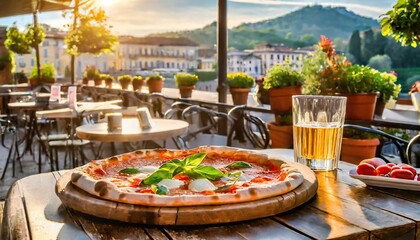 talian pizzeria terrace in sunshine with pizza on table, dreamy watercolor artwork of day cafe in...
