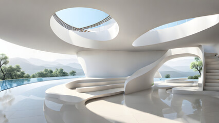 3d rendering of abstract curve steps white architecture with tree and mountains landscape. - obrazy, fototapety, plakaty