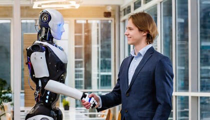 Man shaking hands with robot, showcasing partnership in technology, artificial intelligence and business, handshake with futuristic bionic hand