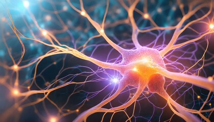 Neural network with glowing synapses, macro view of brain neurons transmitting electric impulses, neuroscience and biology research concept