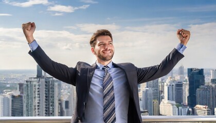Successful businessman raising arms like a winner standing on roof of office building with city view. Concept of business success and victory
