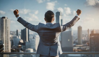 Fototapeta na wymiar Successful businessman raising arms like a winner standing on roof of office building with city view. Concept of business success and victory