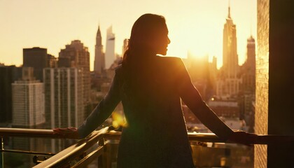 Successful woman standing on luxury balcony, back view of rich female silhouette at sunset in New...