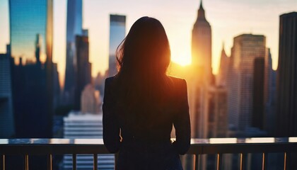 Plakat Successful woman standing on luxury balcony, back view of rich female silhouette at sunset in New York city