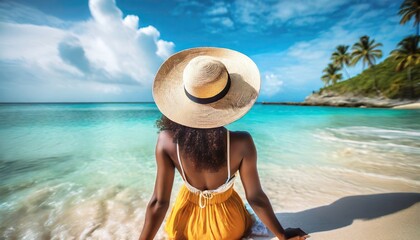 Fototapeta na wymiar Summer beach vacation, woman in stylish boho hat, relaxing by the caribbean sea, enjoying sun, tropical resort, freedom and leisure, beautiful sunny lifestyle, trendy travel