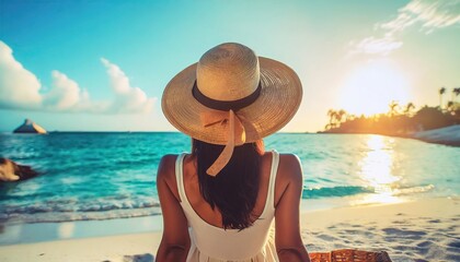 Fototapeta na wymiar Summer beach vacation, woman in stylish boho hat, relaxing by the caribbean sea, enjoying sun, tropical resort, freedom and leisure, beautiful sunny lifestyle, trendy travel