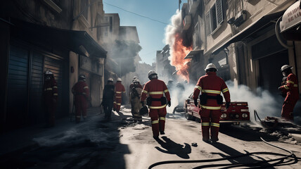 Firemen on a street in a Palestinian city