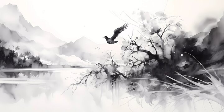 Abstract art drawing by asian style. Black and white landscape, ink drawing.