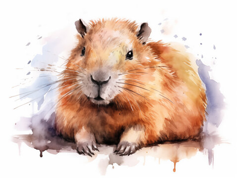 Illustration Of Cute Capybara  Clipart In Style Of Watercolor With Splashes On White