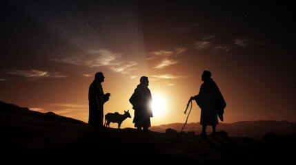 Silhouettes of shepherds with goat looking into sky at Bethlehem star at night thick darkness in middle of desert. Bethlehem star rises high in sky. Attention of shepherds riveted to Bethlehem star - obrazy, fototapety, plakaty