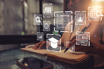 E-learning technology, webinar, academy, online education and training to develop new skills and...