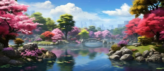  In the beautiful garden of Japan against a vibrant blue sky a colorful landscape of pink flowers blossoming trees and a lush greenery provides a picturesque background perfectly depicting t © TheWaterMeloonProjec