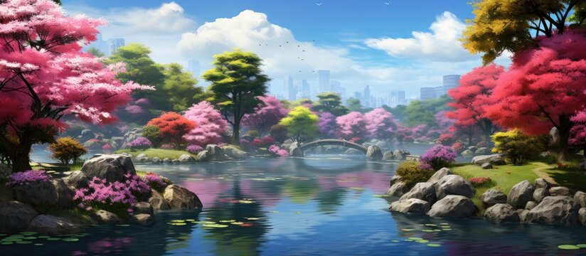 In the beautiful garden of Japan against a vibrant blue sky a colorful landscape of pink flowers blossoming trees and a lush greenery provides a picturesque background perfectly depicting t
