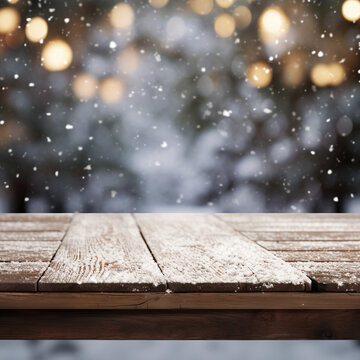 empty table top with snow, christmas theme background image created with Generative Ai