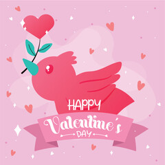 Cute bird carrying a heart shape flower Valentine day poster Vector