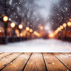 empty table top with snow, christmas theme background image created with Generative Ai
