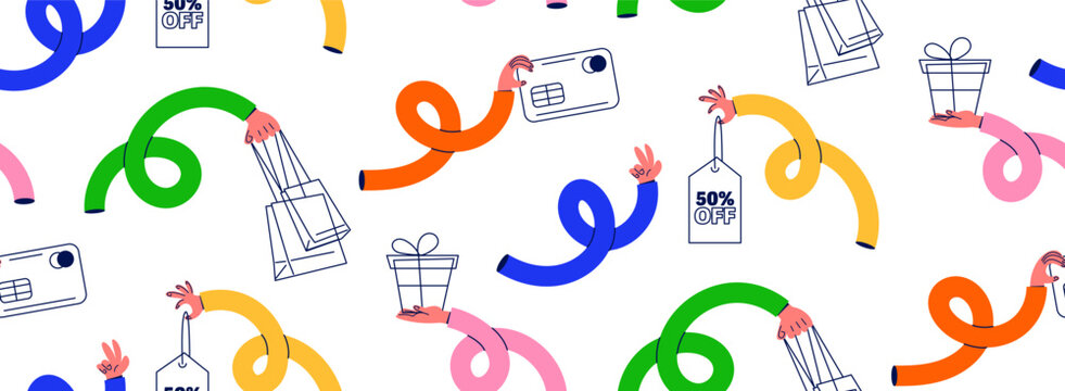 Seamless pattern with flexible elastic arms. Vector seamless background on the theme of shopping in retro cartoon style.