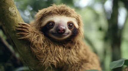 Naklejka premium Adorable Sloth Hanging from Rainforest Tree Branch