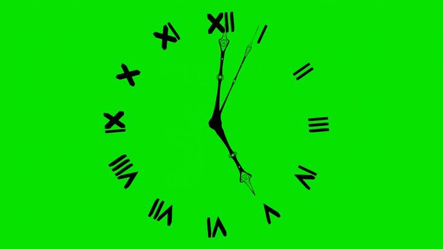 clock dial with Roman numerals and openwork hands on a green background. 3D render. rotating animated clock hands.