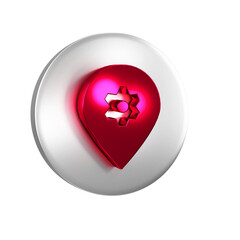 Red Location with car service icon isolated on transparent background. Auto mechanic service. Repair service auto mechanic. Silver circle button.