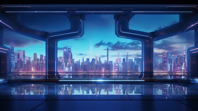 Futuristic City Skyline at Dusk with Holographic Billboards
