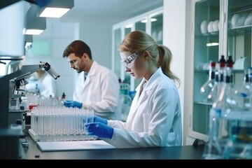 Fototapeta premium People working in the modern laboratory for the study viruses. The concept of creation and production of the latest generation of drugs. Business and competition in the field of pharmacology.