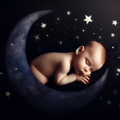The baby is sleeping, cozy sleep under the stars and the moon on dark background. ai generative